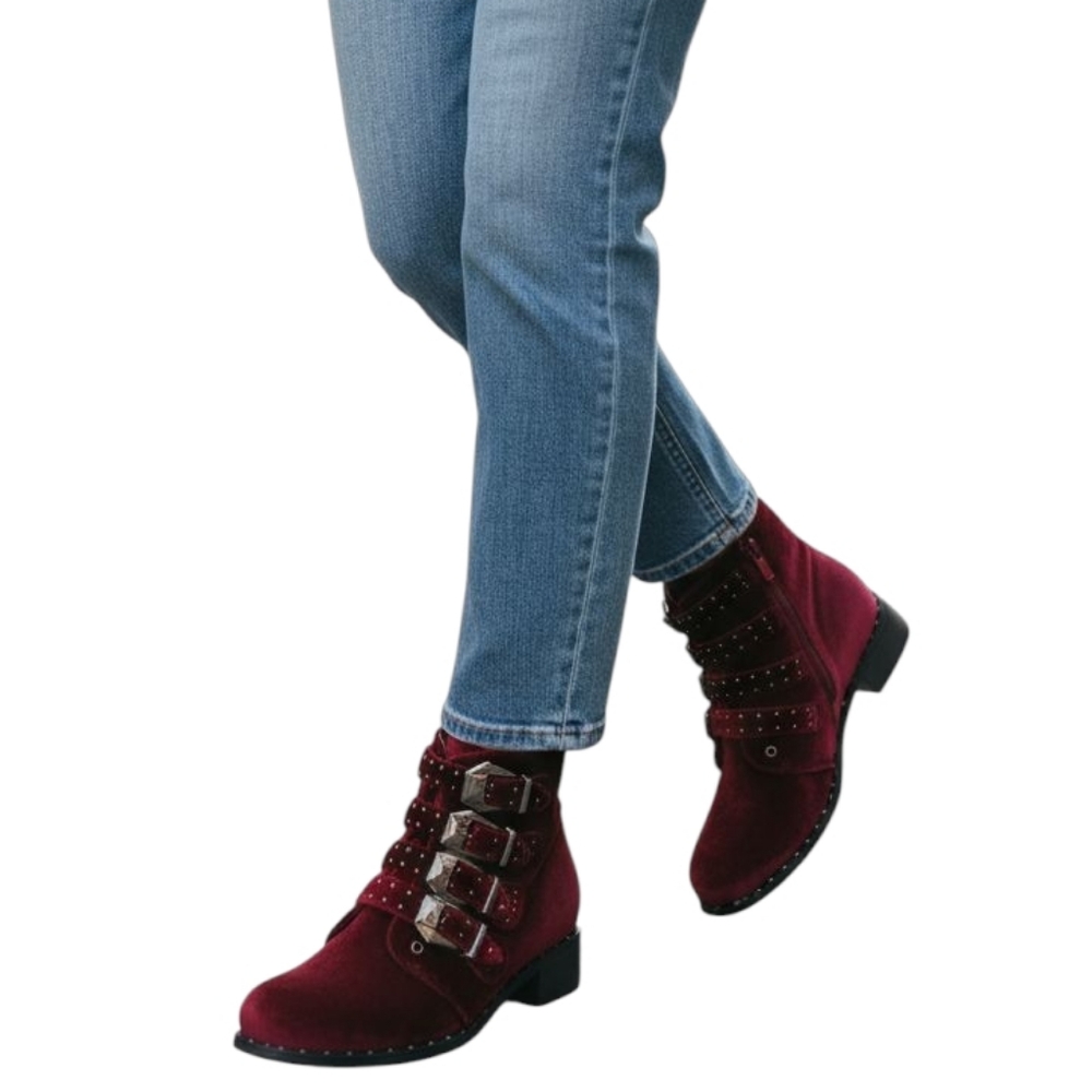 2FOR$30 - NIB Moca Burgundy Buckle-Front Western Ankle Boot